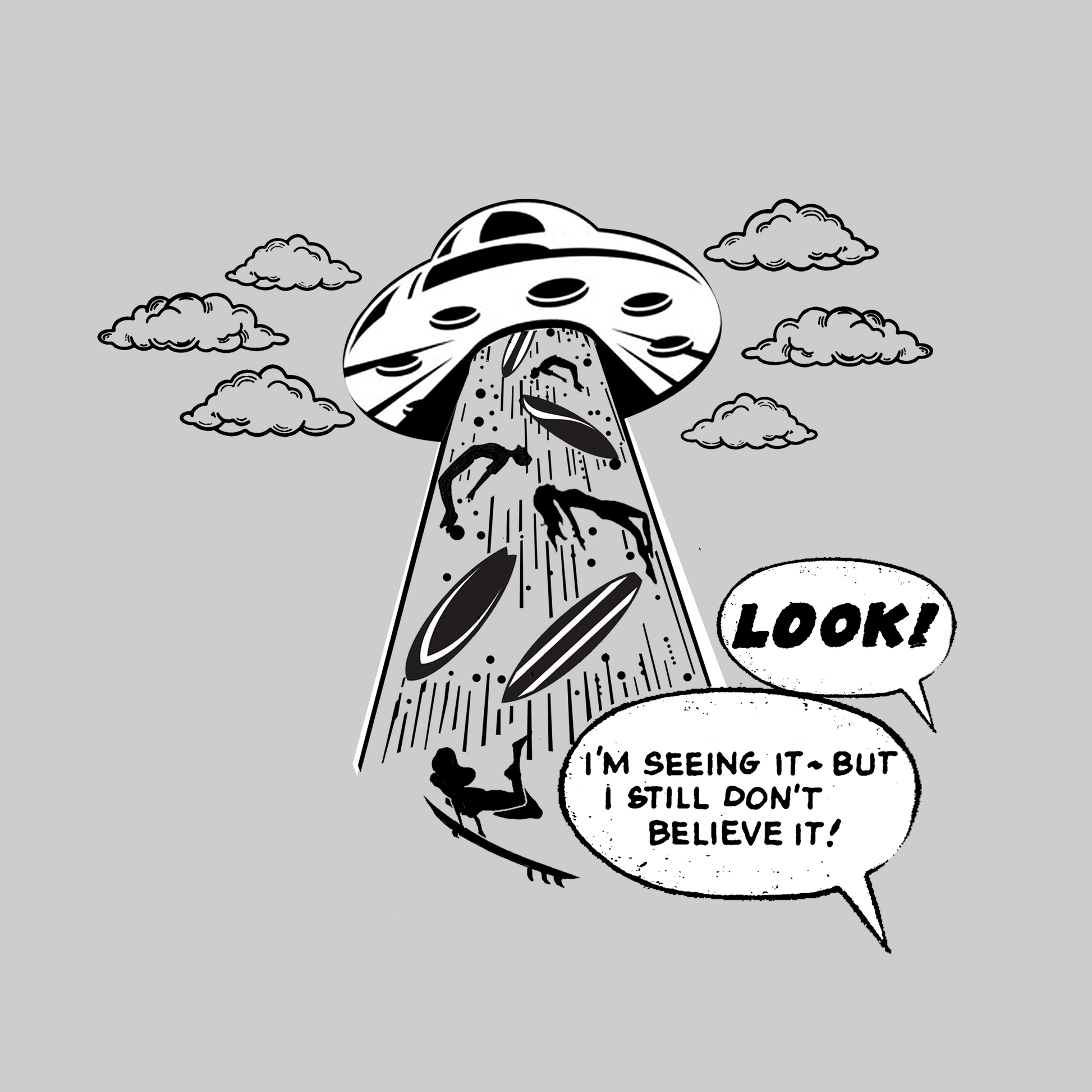 Cartoon UFO with cloud formations and speech bubbles on a gray background