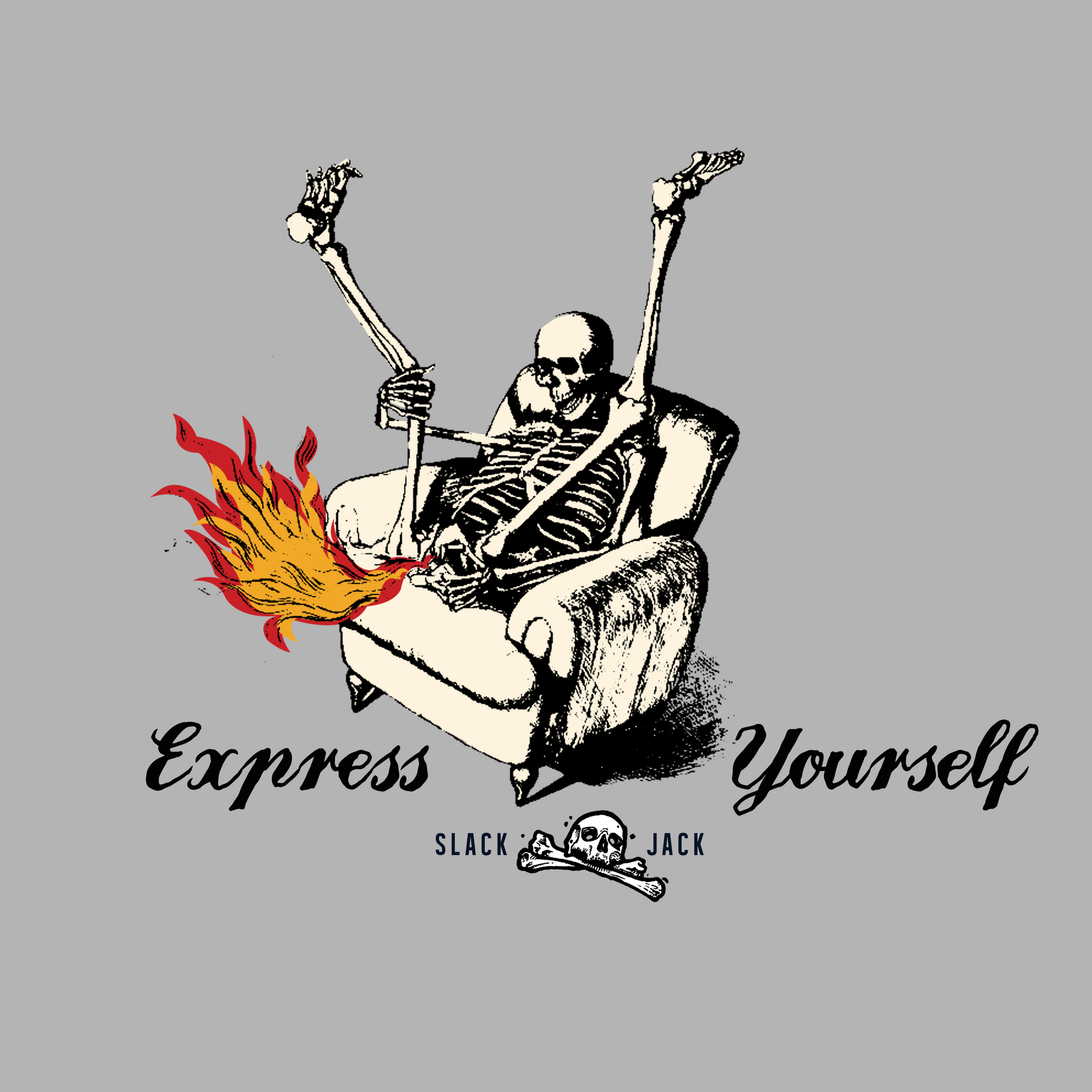 Skeleton playing guitar with flames, 'Express Yourself' text on a gray background