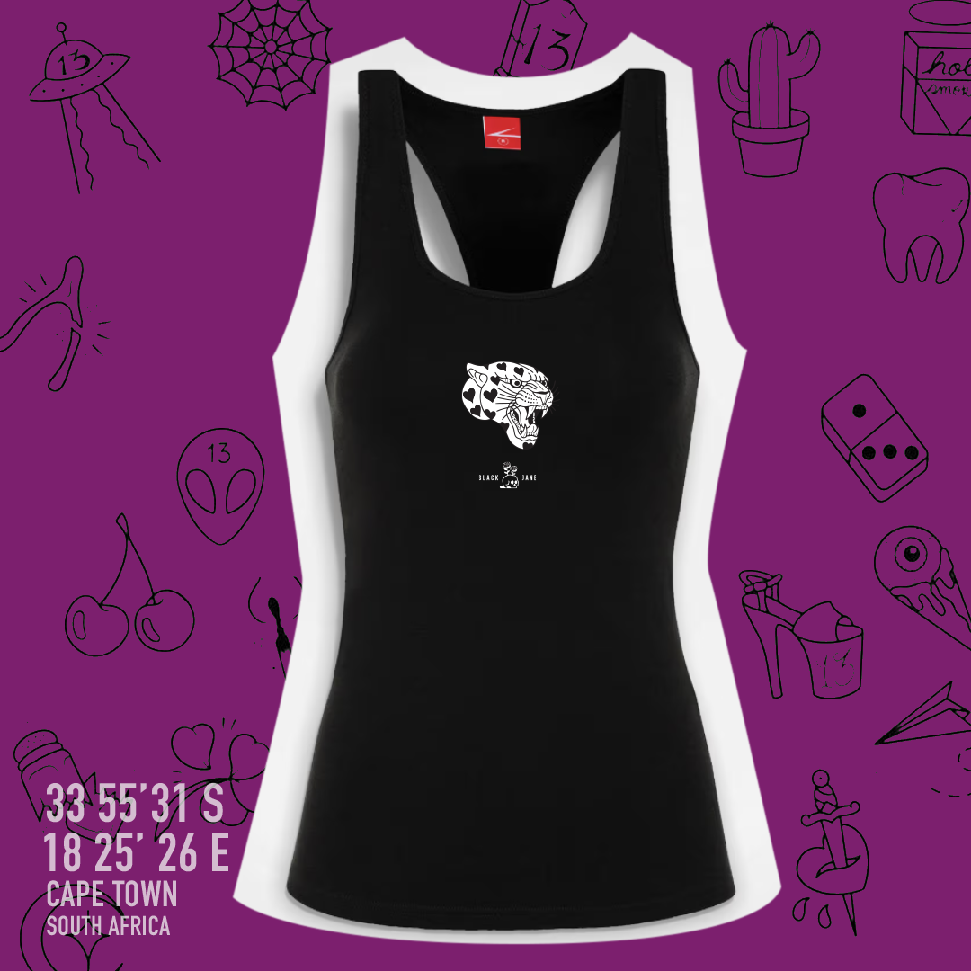 Black tank top with a white graphic on a purple background with doodles